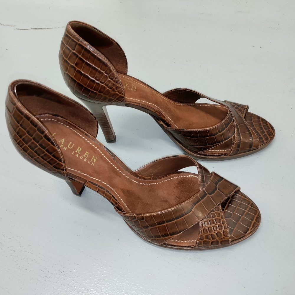 LRL | Croc Embossed d'Orsay Heels in Brown Sz 8.5B